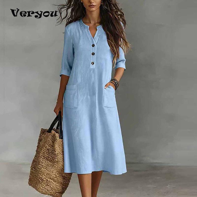 Boho Summer Beach Maxi Dress - Dames casual effen kleur katoen en